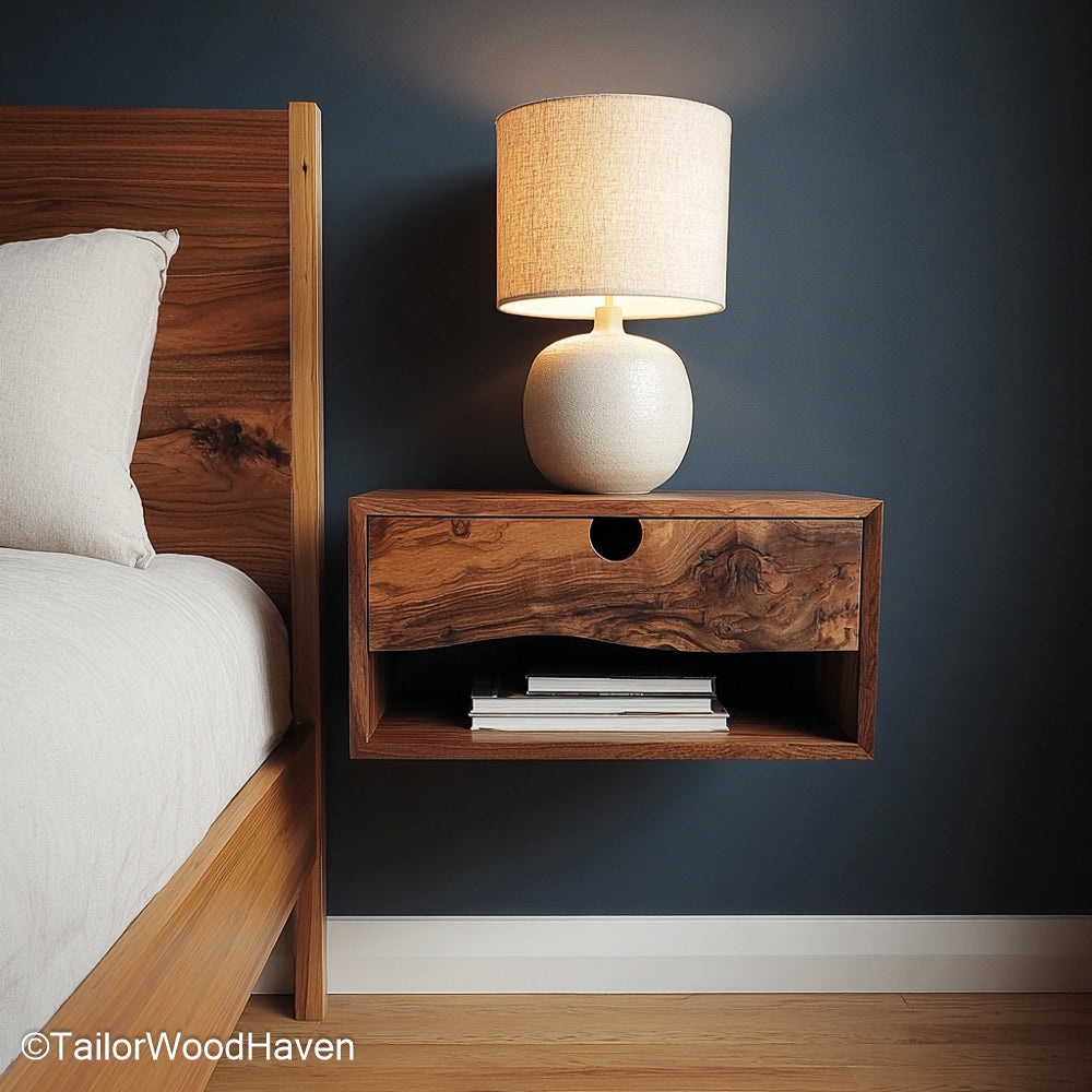 Floating Bed Nightstand designed from real wood with floating support, seamlessly attached beside your bed for functional, space saving design
