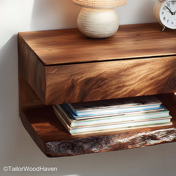 Floating Nightstand Rustic crafted from natural wood with a raw finish and floating wall design, perfect for cozy farmhouse or cabin inspired bedrooms
