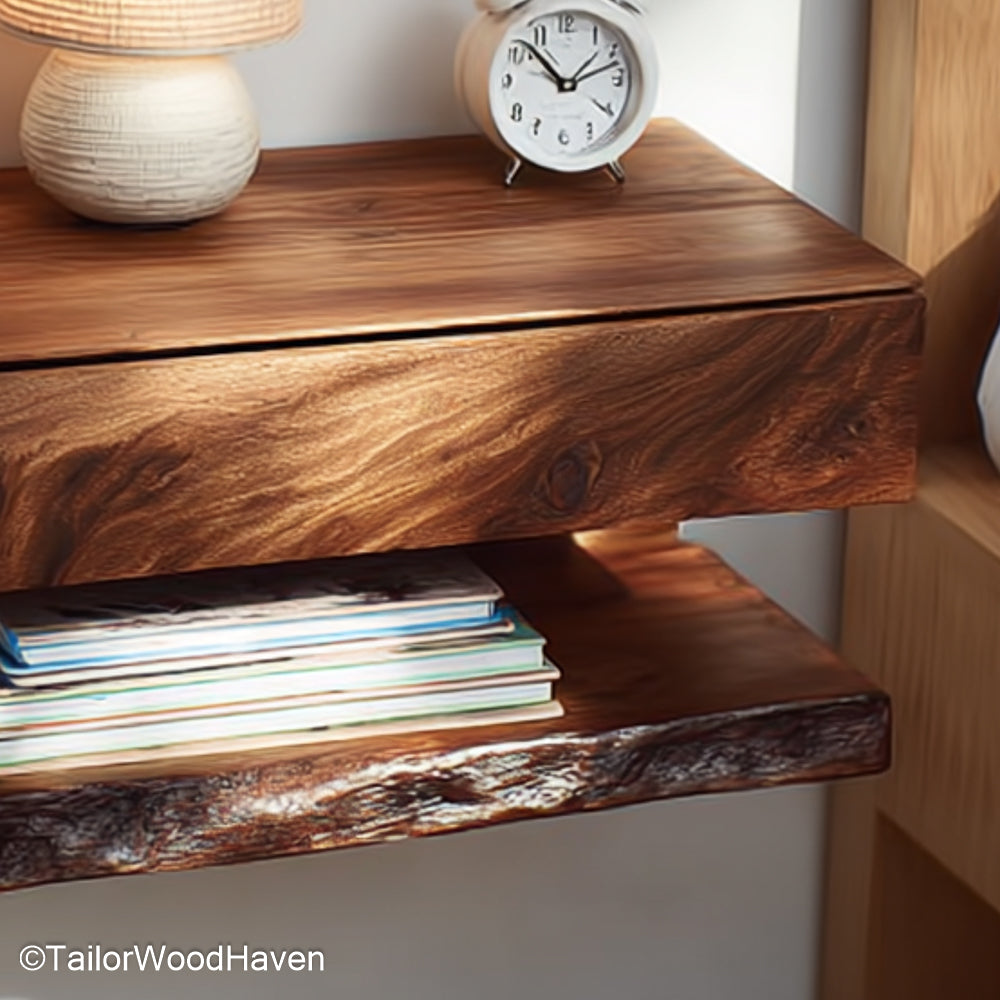Floating Nightstand Rustic crafted from natural wood with a raw finish and floating wall design, perfect for cozy farmhouse or cabin inspired bedrooms
