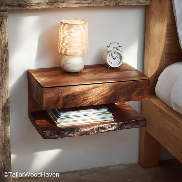 Floating Nightstand Rustic crafted from natural wood with a raw finish and floating wall design, perfect for cozy farmhouse or cabin inspired bedrooms