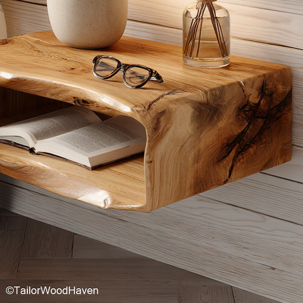 Curved Floating Nightstand featuring a rounded wood surface and wall mounted structure, ideal for softening small spaces with elegant storage solutions