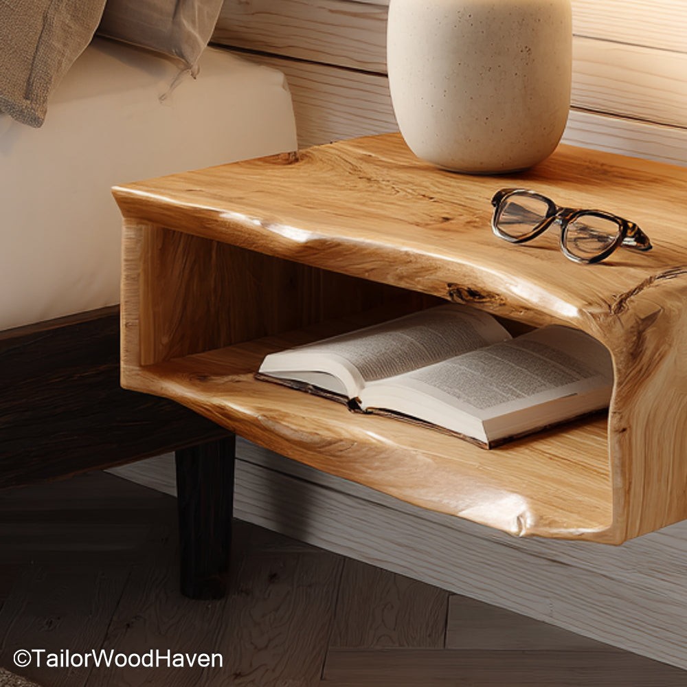 Curved Floating Nightstand featuring a rounded wood surface and wall mounted structure, ideal for softening small spaces with elegant storage solutions