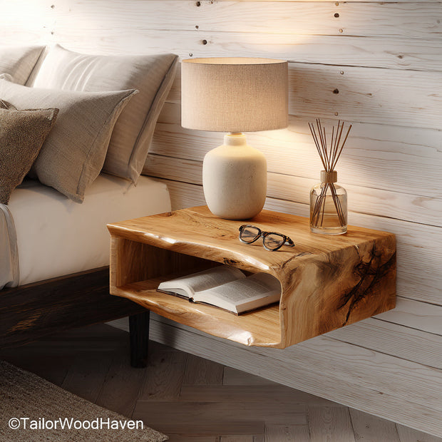 Curved Floating Nightstand featuring a rounded wood surface and wall mounted structure, ideal for softening small spaces with elegant storage solutions