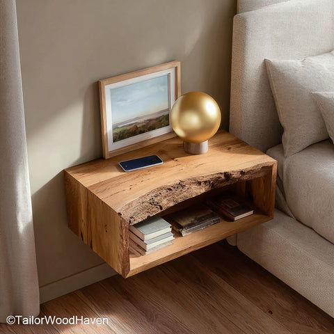 Floating bedside table in light natural wood with a live edge front, beside a bed with a framed print