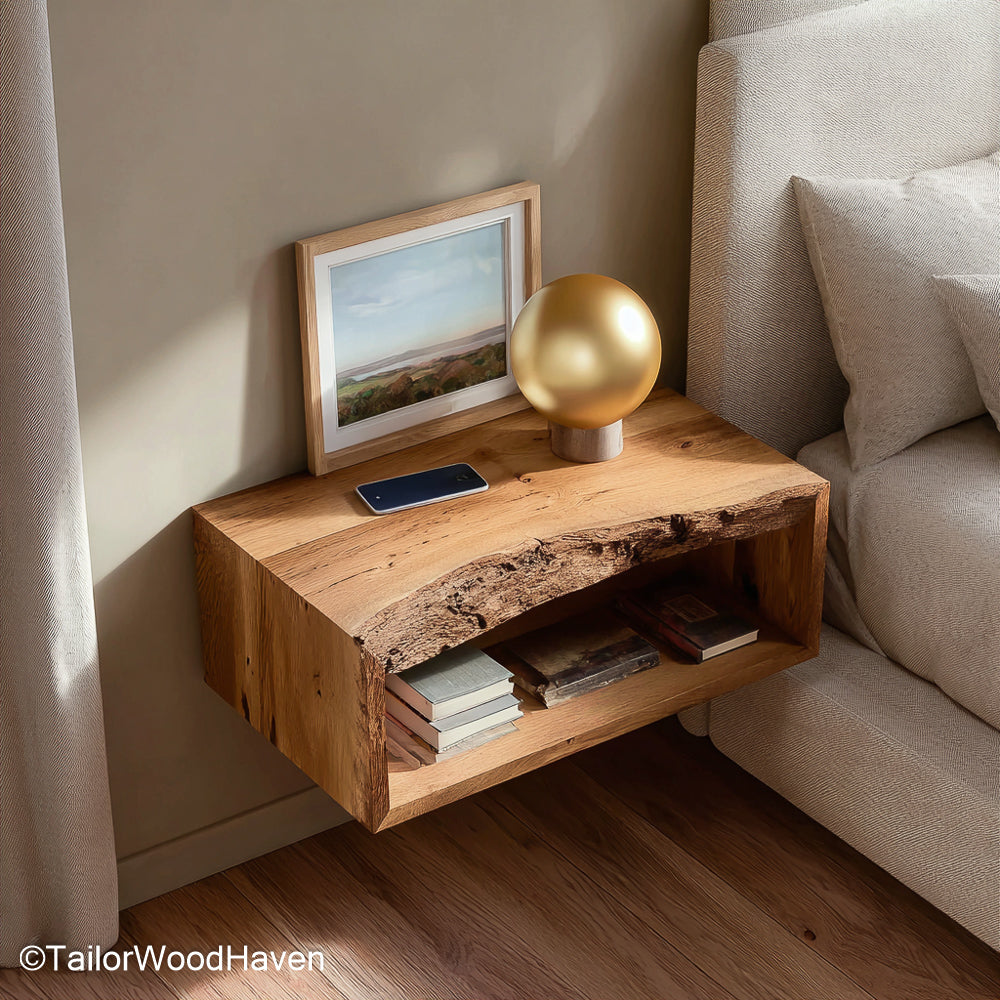 Floating bedside table in light natural wood with a live edge front, beside a bed with a framed print