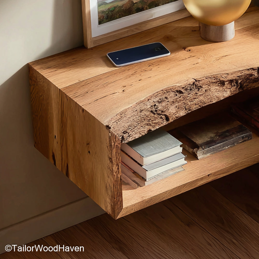 Close-up of the floating bedside table's live edge front and open shelf holding books