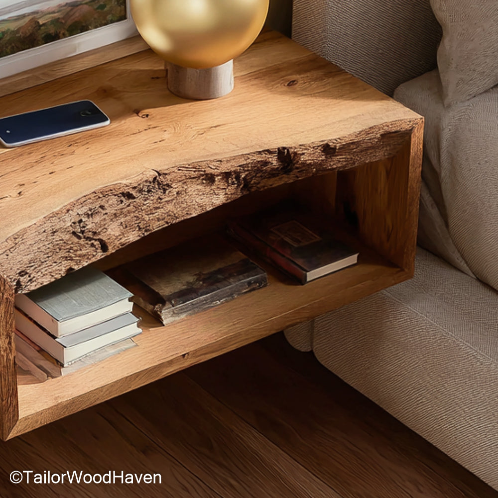 Wall-mounted floating nightstand with a live edge front and an open shelf holding books