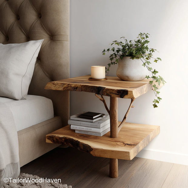 Wall Mount Night Stand made from hardwood with a clean wall mounted structure, ideal for saving space in rustic, boho, or minimal sleeping areas