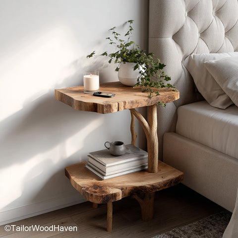 Small Wall Mounted Bedside Table designed with a slim surface and floating wood base, great for bedrooms needing compact and efficient storage