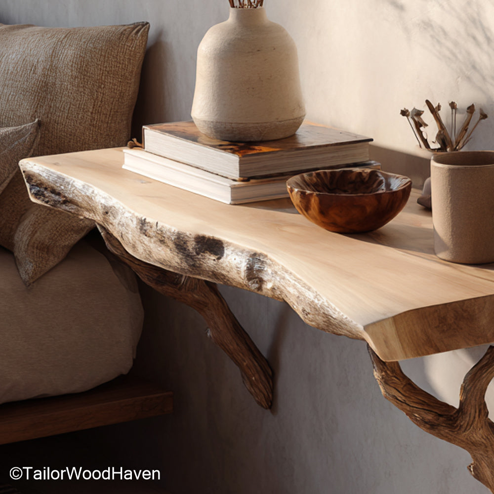 Floating Night Table crafted from solid hardwood with soft edges and hidden wall support, perfect for minimalist bedrooms or guest room spaces