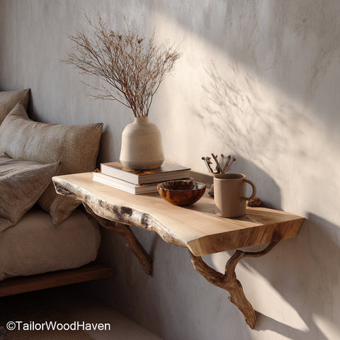Floating Night Table crafted from solid hardwood with soft edges and hidden wall support, perfect for minimalist bedrooms or guest room spaces