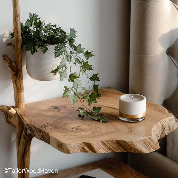 Walnut floating bedside table made from solid walnut with natural grain and bracket free mounting, perfect for elegant modern or minimalist interiors