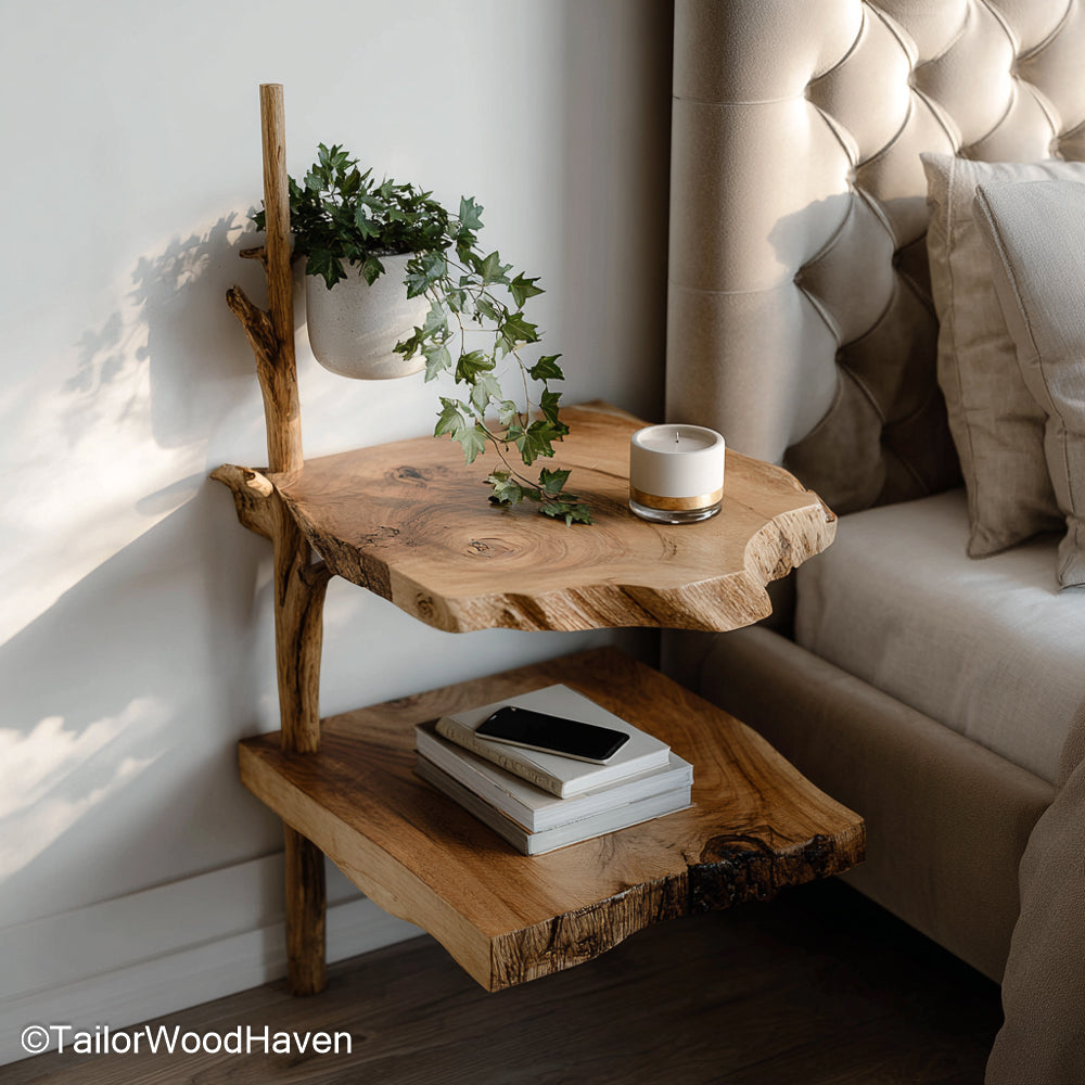 Walnut floating bedside table made from solid walnut with natural grain and bracket free mounting, perfect for elegant modern or minimalist interiors