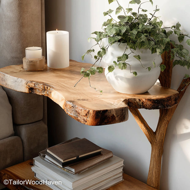 Floating bedroom end tables handcrafted from hardwood with floating wall mounts, designed for symmetrical use on both sides of the bed