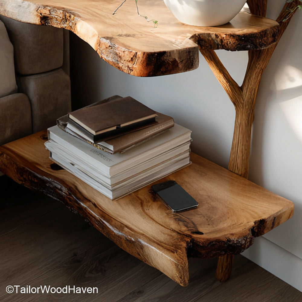 Floating bedroom end tables handcrafted from hardwood with floating wall mounts, designed for symmetrical use on both sides of the bed