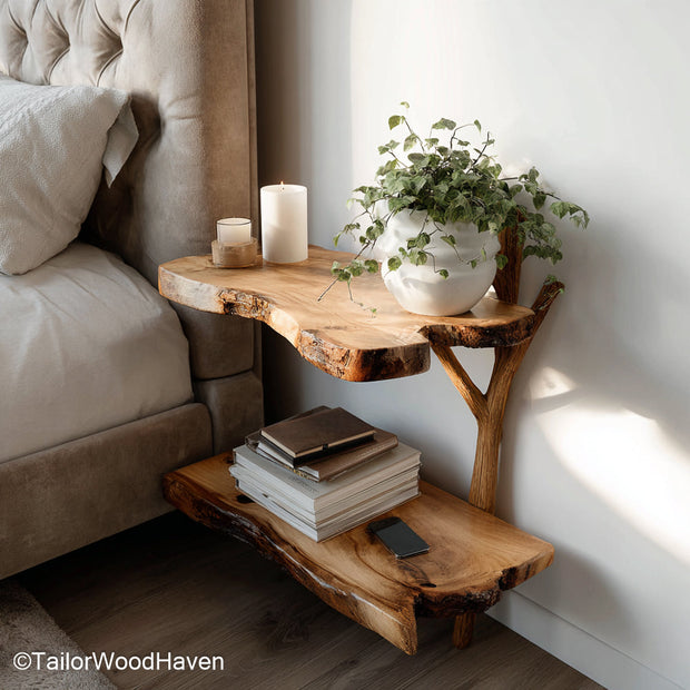 Floating bedroom end tables handcrafted from hardwood with floating wall mounts, designed for symmetrical use on both sides of the bed