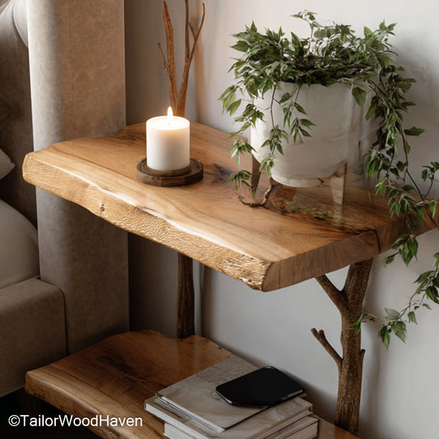 Floating bedside stand designed from timber with a compact top and wall mounted support, a simple solution for small and uncluttered sleep spaces