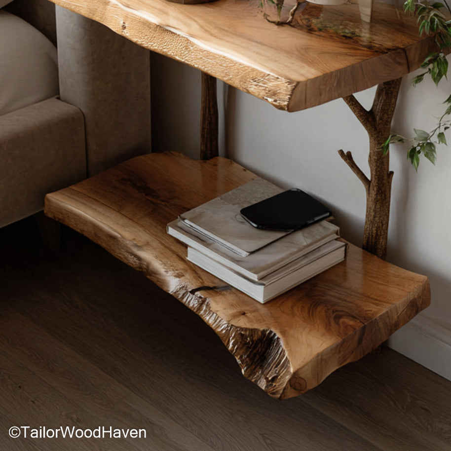 Floating bedside stand designed from timber with a compact top and wall mounted support, a simple solution for small and uncluttered sleep spaces