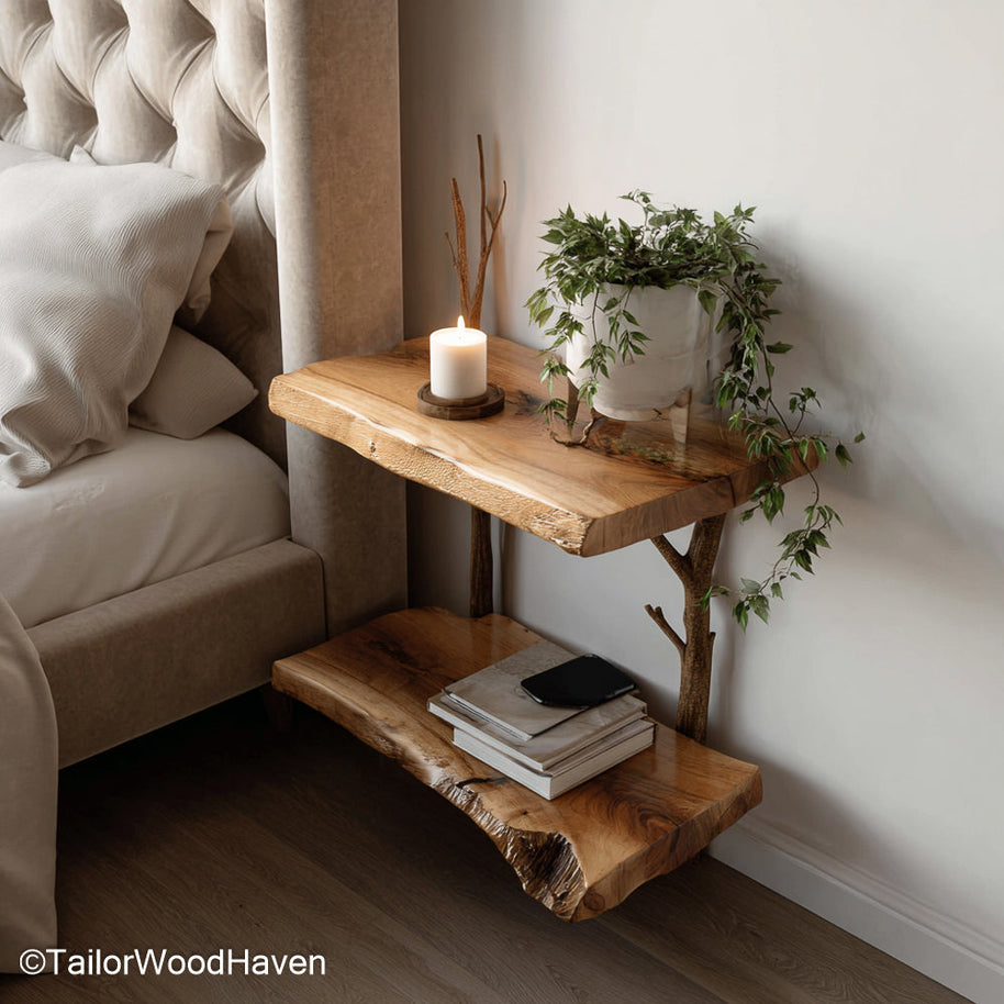 Floating bedside stand designed from timber with a compact top and wall mounted support, a simple solution for small and uncluttered sleep spaces