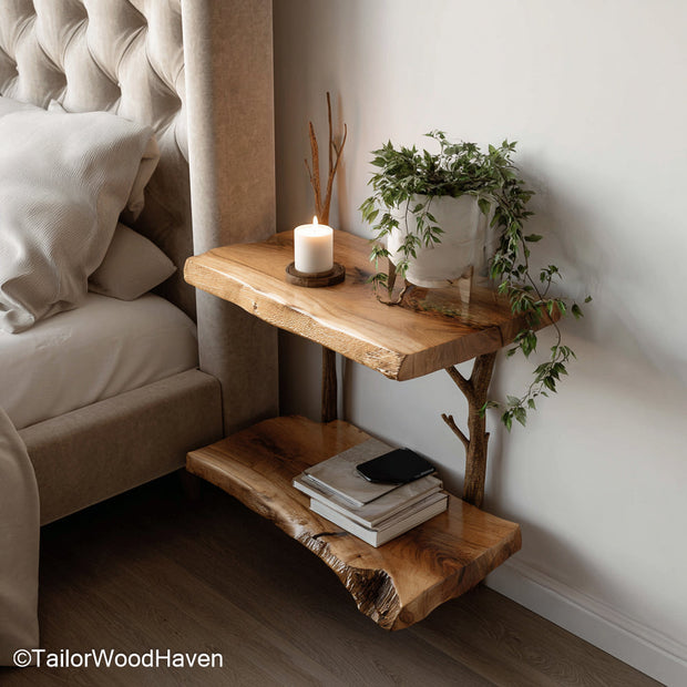 Floating bedside stand designed from timber with a compact top and wall mounted support, a simple solution for small and uncluttered sleep spaces