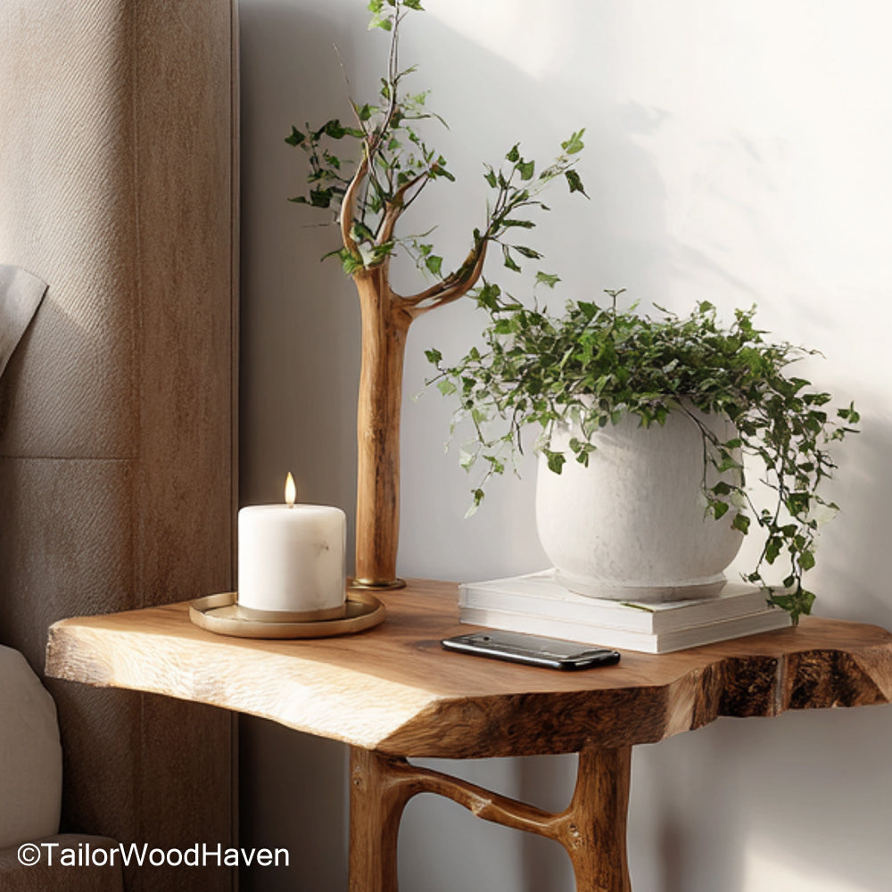 Floating bedside table solid oak crafted from oak wood with a warm tone and wall mounted frame, ideal for rustic or mid century inspired bedrooms