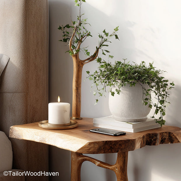 Floating bedside table solid oak crafted from oak wood with a warm tone and wall mounted frame, ideal for rustic or mid century inspired bedrooms