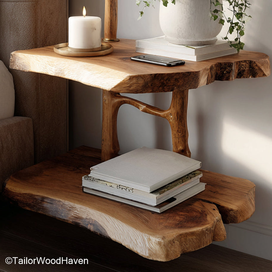 Floating bedside table solid oak crafted from oak wood with a warm tone and wall mounted frame, ideal for rustic or mid century inspired bedrooms