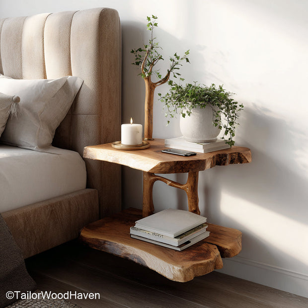 Floating bedside table solid oak crafted from oak wood with a warm tone and wall mounted frame, ideal for rustic or mid century inspired bedrooms