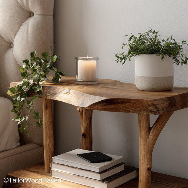 Floating bedside table large made from thick wood with an extended surface and strong brackets, ideal for king size beds and spacious interiors