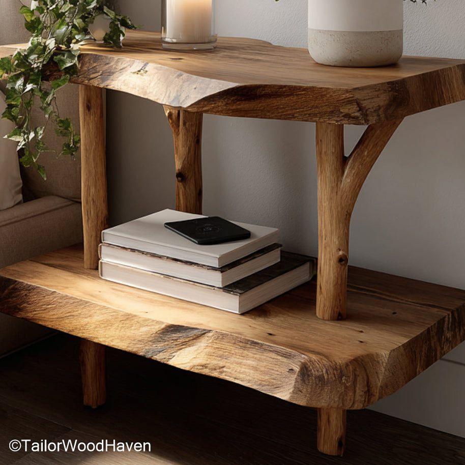 Floating bedside table large made from thick wood with an extended surface and strong brackets, ideal for king size beds and spacious interiors