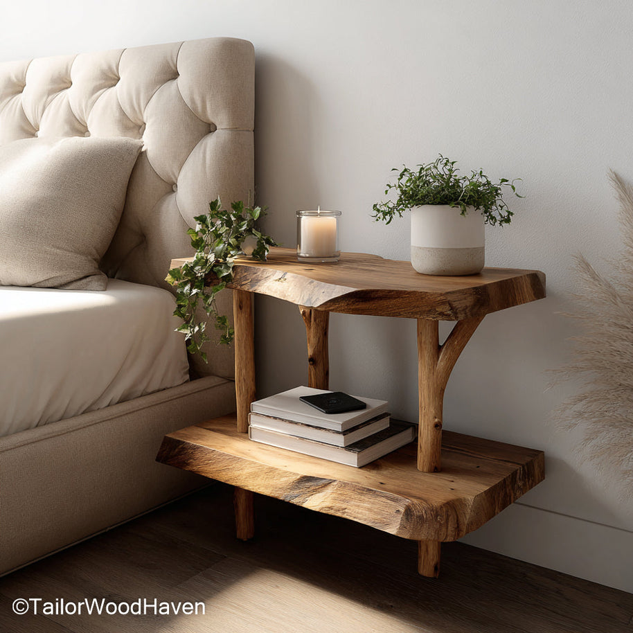 Floating bedside table large made from thick wood with an extended surface and strong brackets, ideal for king size beds and spacious interiors