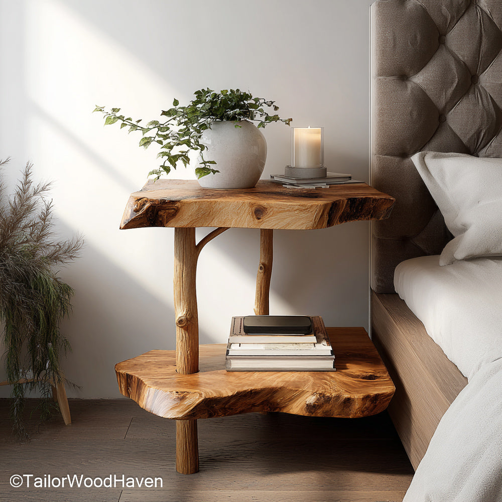 Nightstand that attaches to wall built with solid wood and hidden supports, made for wall mounted convenience in modern or rustic interiors