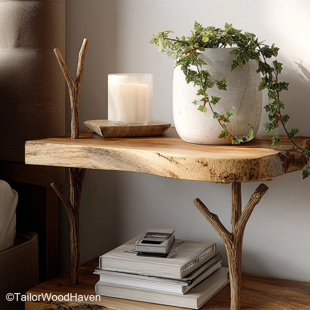 Floating bedside table curved designed with soft rounded edges and solid wood surface, ideal for small bedrooms with a natural and cozy feel