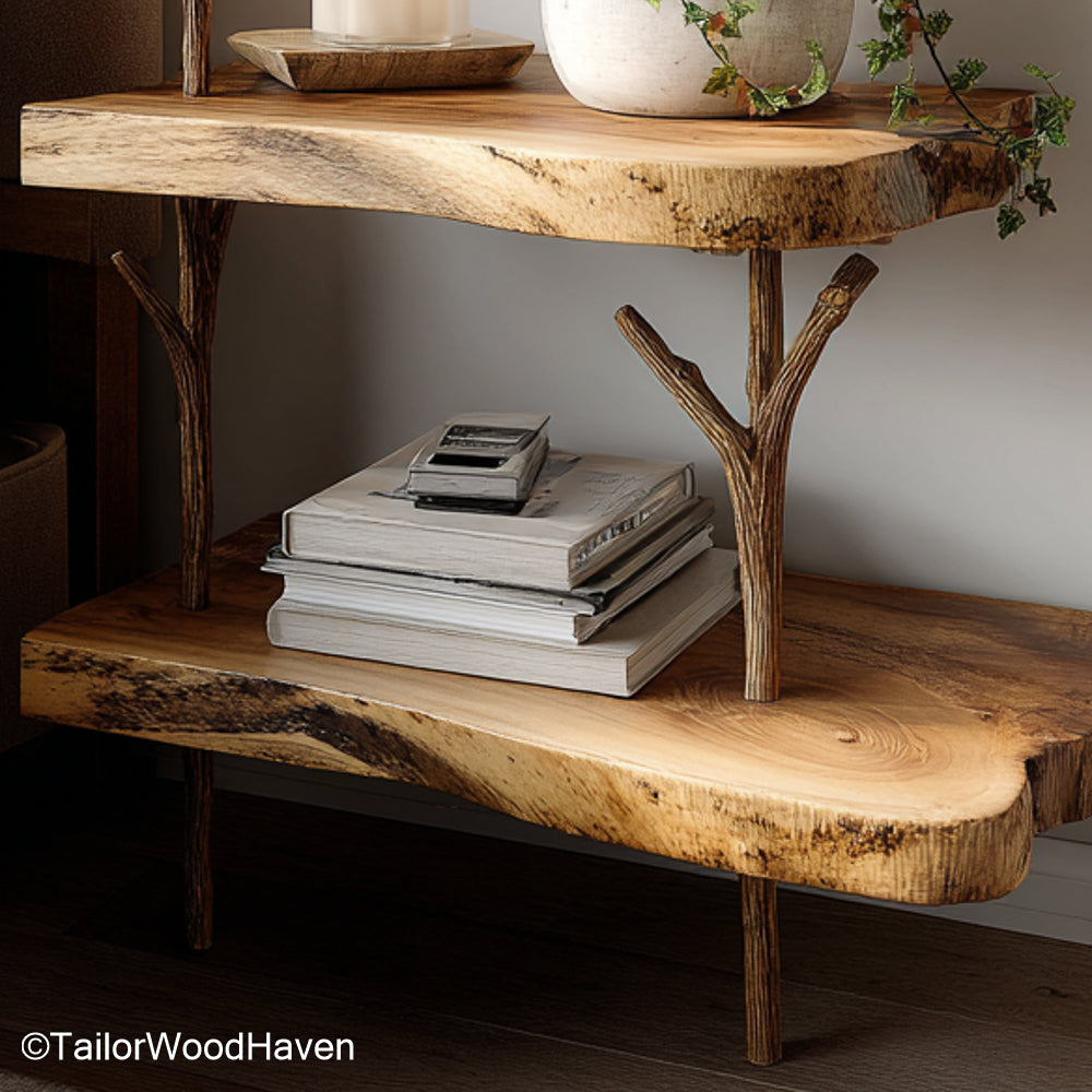 Floating bedside table curved designed with soft rounded edges and solid wood surface, ideal for small bedrooms with a natural and cozy feel