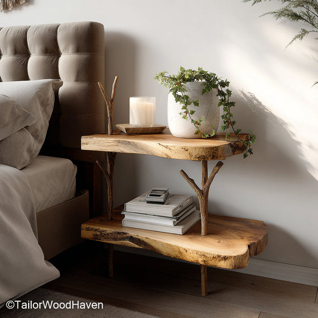 Floating bedside table curved designed with soft rounded edges and solid wood surface, ideal for small bedrooms with a natural and cozy feel