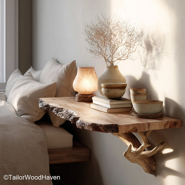 Solid Wood Floating Nightstand built with natural grain and strong floating design, offering lasting quality and clean style for bedroom wall decor