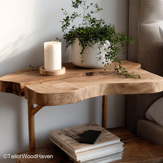 Nightstands that attach to the wall crafted from wood with a strong floating base and soft finish, designed to mount cleanly on both bed sides