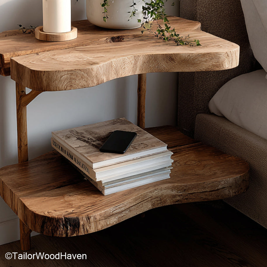 Nightstands that attach to the wall crafted from wood with a strong floating base and soft finish, designed to mount cleanly on both bed sides