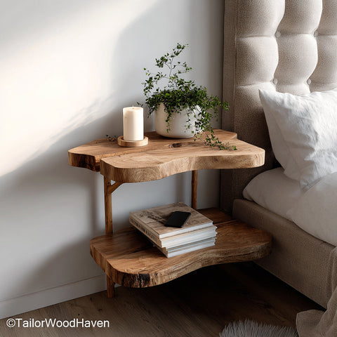 Nightstands that attach to the wall crafted from wood with a strong floating base and soft finish, designed to mount cleanly on both bed sides