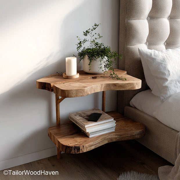 Nightstands that attach to the wall crafted from wood with a strong floating base and soft finish, designed to mount cleanly on both bed sides