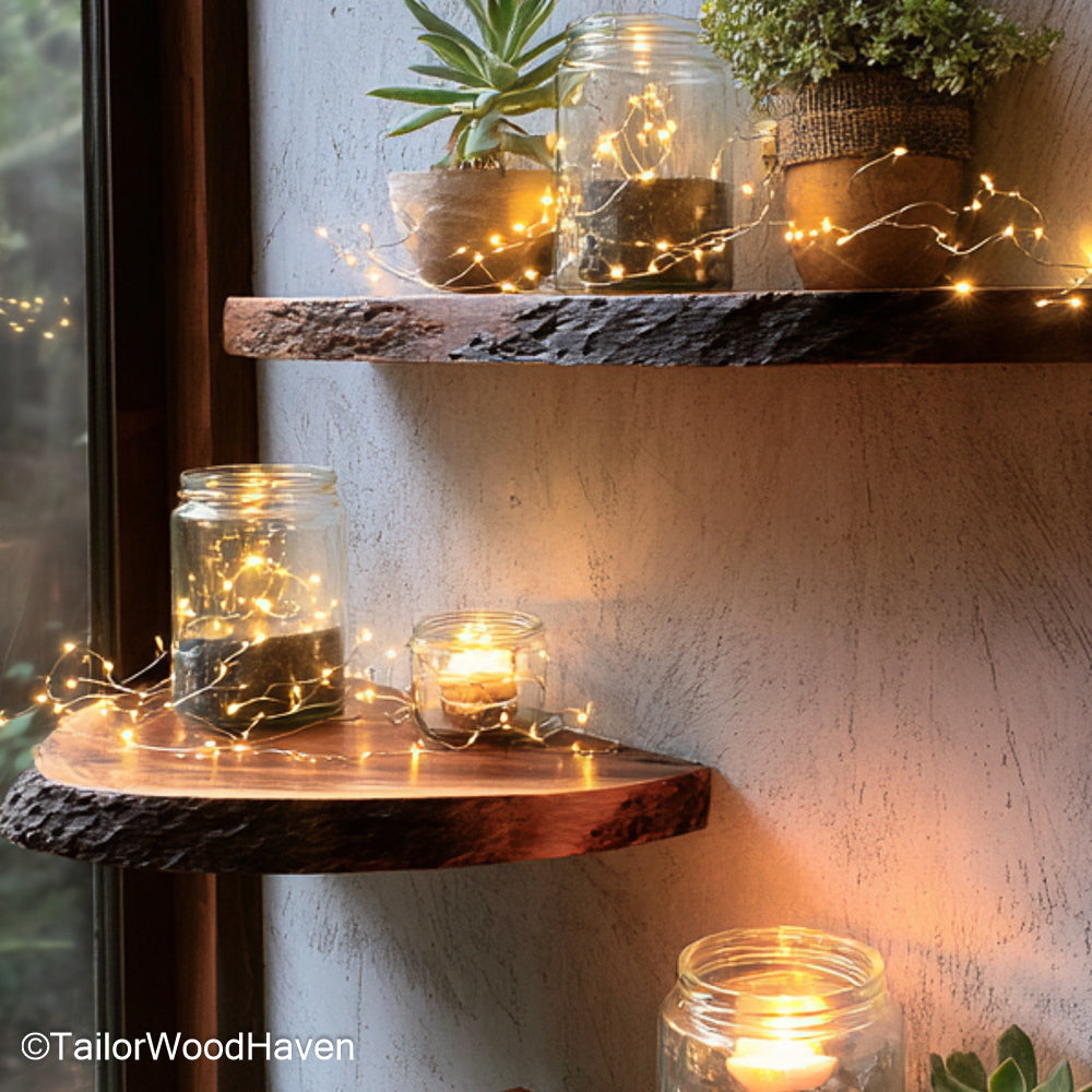 Live edge wood floating shelves made from thick slabs with natural form and floating hardware, ideal for adding warmth and texture to modern walls