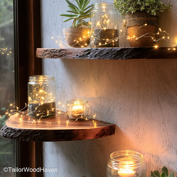 Live edge wood floating shelves made from thick slabs with natural form and floating hardware, ideal for adding warmth and texture to modern walls