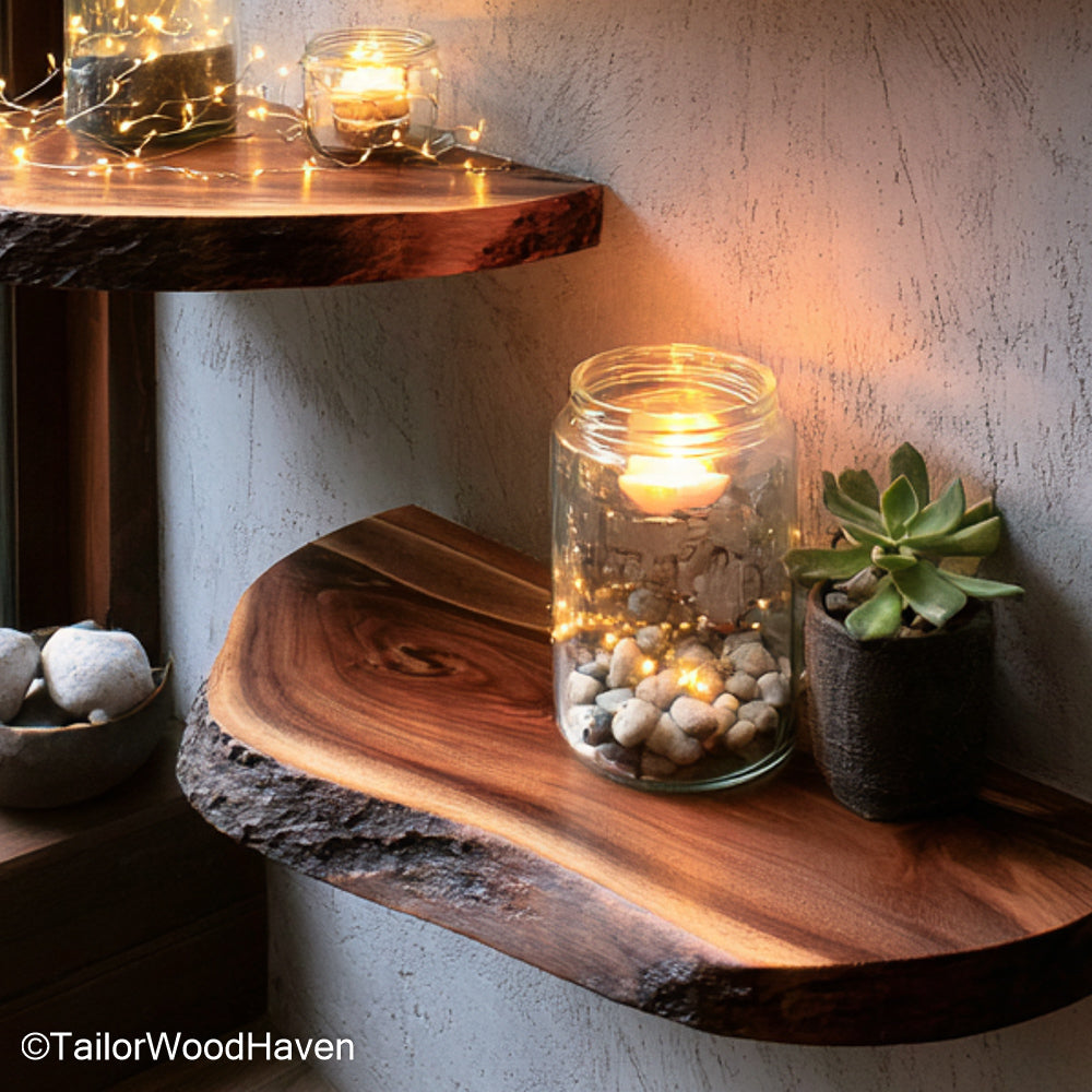 Live edge wood floating shelves made from thick slabs with natural form and floating hardware, ideal for adding warmth and texture to modern walls