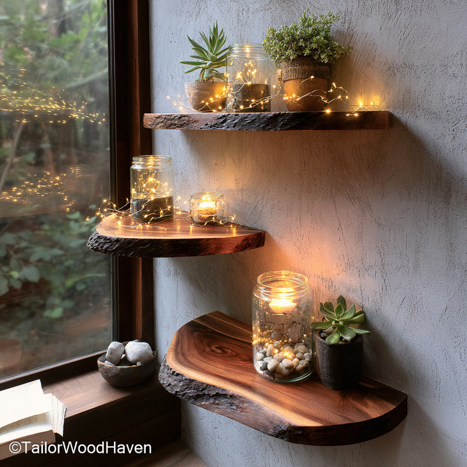 Live edge wood floating shelves made from thick slabs with natural form and floating hardware, ideal for adding warmth and texture to modern walls