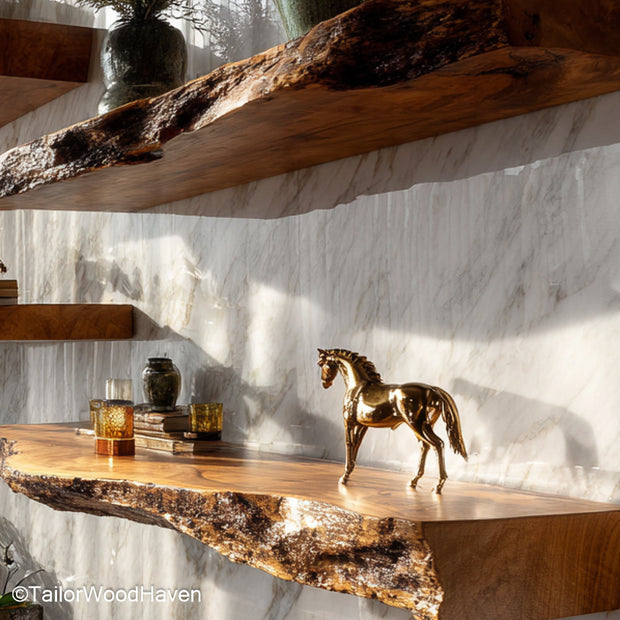 Rustic shelves for wall made from natural wood with a weathered finish and floating hardware, perfect for cozy kitchens, entryways, or bedrooms