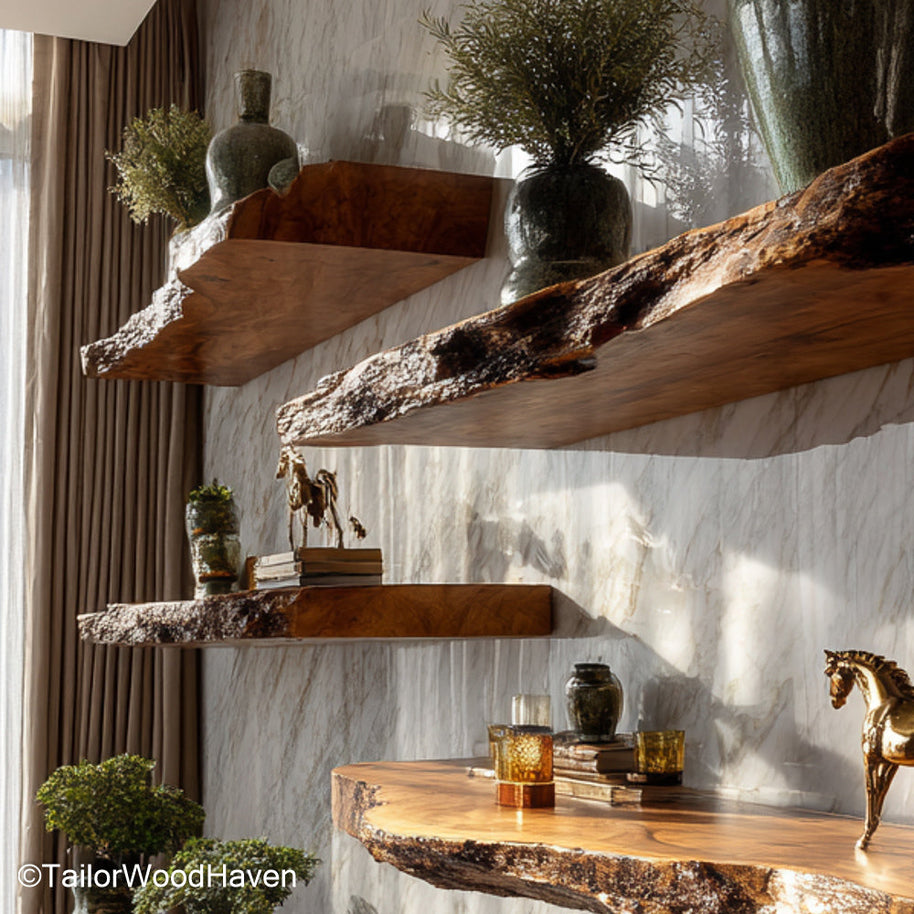 Rustic shelves for wall made from natural wood with a weathered finish and floating hardware, perfect for cozy kitchens, entryways, or bedrooms