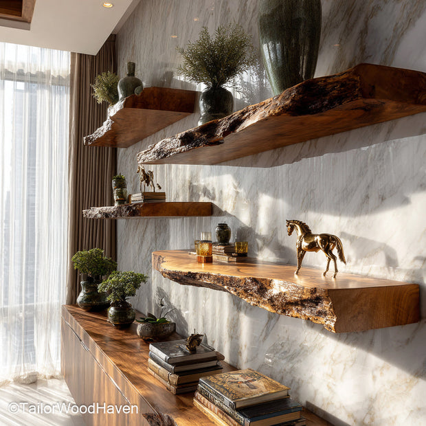 Rustic shelves for wall made from natural wood with a weathered finish and floating hardware, perfect for cozy kitchens, entryways, or bedrooms