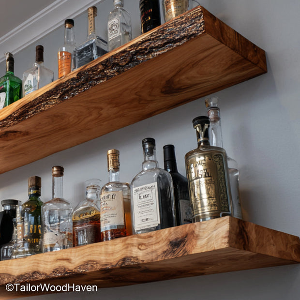 Farmhouse kitchen floating shelves made from sealed timber with soft matte finish and hidden mounts, ideal for cozy or vintage kitchen layouts