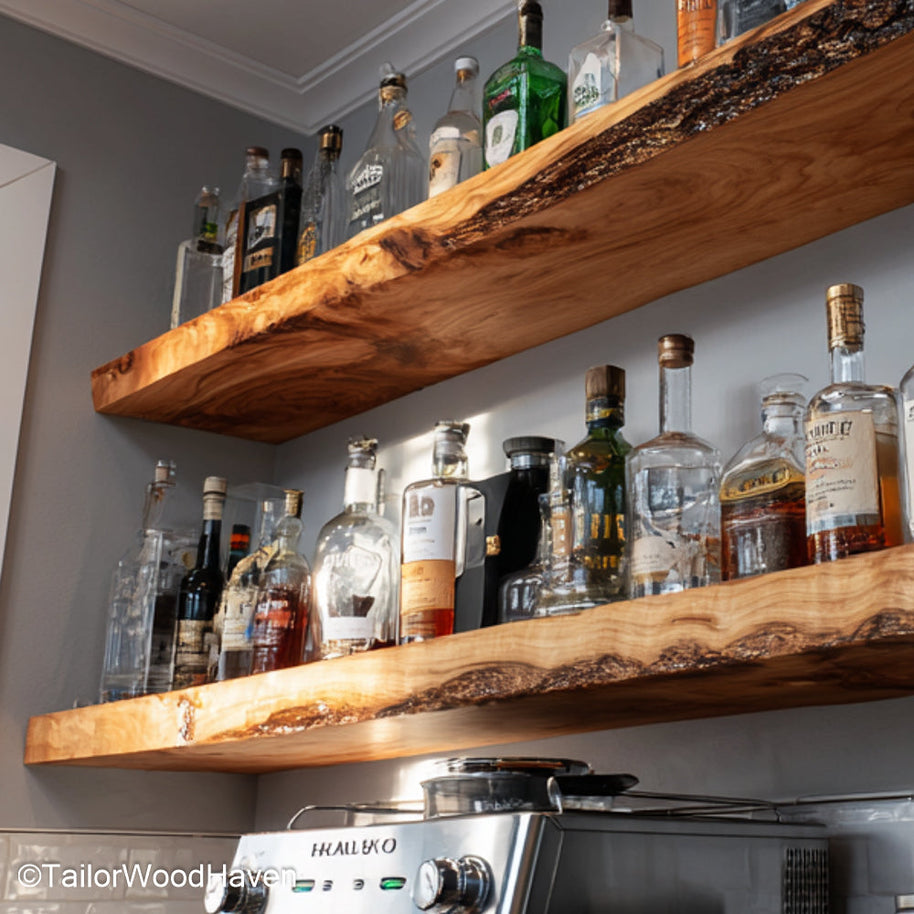 Farmhouse kitchen floating shelves made from sealed timber with soft matte finish and hidden mounts, ideal for cozy or vintage kitchen layouts