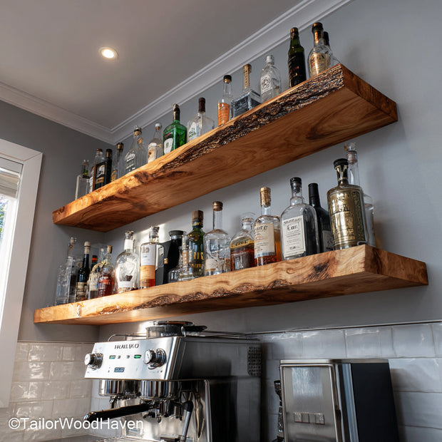 Farmhouse kitchen floating shelves made from sealed timber with soft matte finish and hidden mounts, ideal for cozy or vintage kitchen layouts